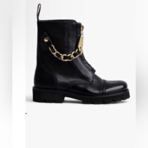 Zadig & Voltaire Joe Cecilia leather combat moto boots with gold chain 39/8